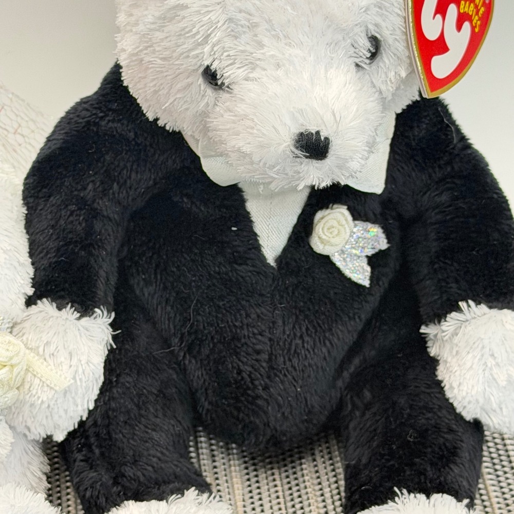 Ty Beanie Babies Bride and Groom Wedding Bear Set White Black Plush NWT 2002 - Picture 3 of 11